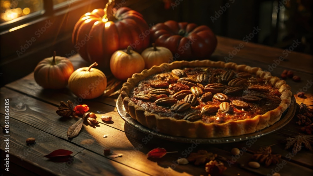 Poster a rustic autumnal scene with a pecan pie on a wooden table surrounded by pumpkins and fall leaves.