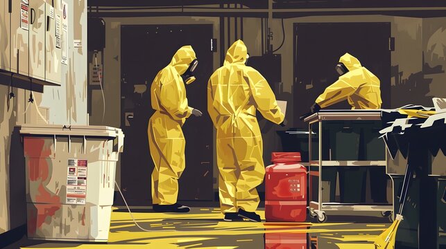 Workers in Yellow Hazmat Suits Responding to Hazardous Chemical Spill or Emergency