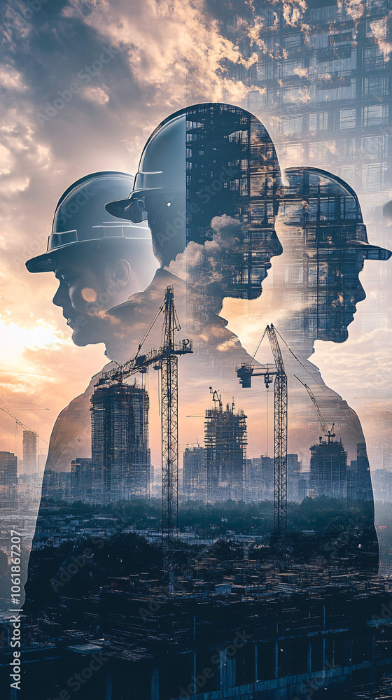 Poster the city skyline at sunset with a double exposure effect of architects in hard hats at a constructio