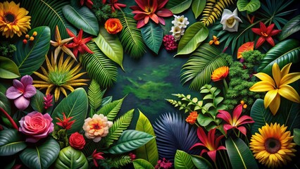 Tropical Leaves and Flowers Circular Border on Dark Background for Stunning Botanical Displays and Nature-Inspired Decor