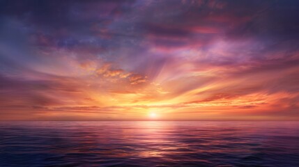 Obraz premium A stunning sunset over a tranquil ocean, with vibrant colors reflecting on the water, creating a serene and picturesque atmosphere.