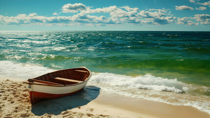 Wooden Boat on Sandy Beach with Blue Sky and Waves, rowboat, dinghy, seashore, ocean, clouds
