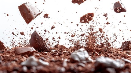 A dynamic display of cake crumbs and cookie pieces flying through the air against a white background captures the delightful chaos of baking in a kitchen setting