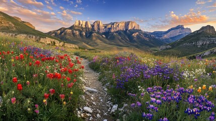 Fototapeta premium A stunning landscape featuring vibrant wildflowers along a winding path in a mountainous region during golden hour