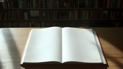 Fototapeta premium Open Notebook on Wooden Table with Bookshelf in Background, open book, blank notebook, lined paper, empty pages, library