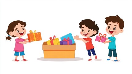 Cheerful children joyfully exchanging gifts, embodying the spirit of sharing and celebration. Perfect for holiday promotions, parenting blogs, or educational materials.