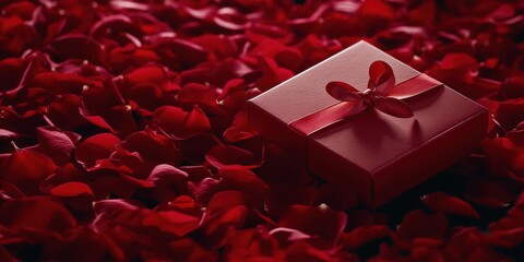 A vibrant red gift box surrounded by rose petals, perfect for showcasing romance and affection for...