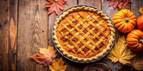 A Rustic Thanksgiving Tabletop Scene Featuring a Golden Brown Pumpkin Pie, Autumn Leaves, and Small Pumpkins