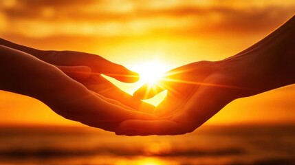 Two hands gently hold a glowing sun, symbolizing connection, hope, and unity. Perfect for themes of support, care, and positivity.