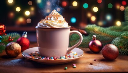 湯気の立ち上るホットチョコレート、ホイップクリームとカラフルスプリンクルで飾られた冬の贅沢なひととき