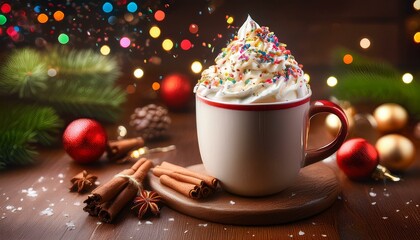 ホイップクリームとスプリンクルで彩られたホットチョコレート、クリスマスのデコレーションが施されたテーブルに置かれた幸せの一杯