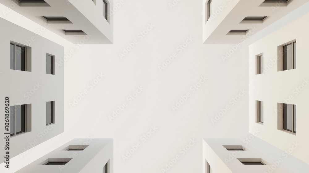 Poster a minimalist view looking up between modern, white buildings, creating a symmetric and serene archit
