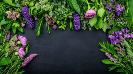 Purple and Pink Floral Border on Black Background