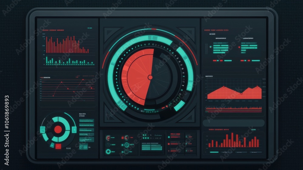 Poster a high-tech dashboard displaying various data visualizations, including graphs and meters, primarily