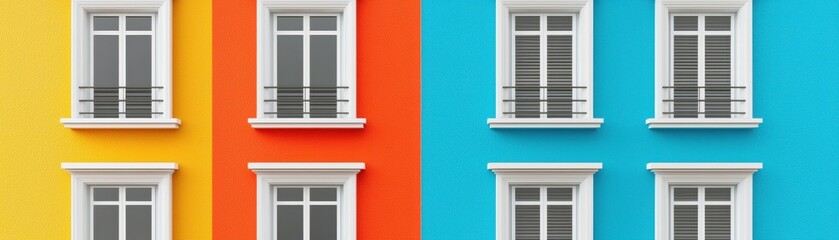 Fototapeta premium A vibrant split image of buildings featuring bright yellow, orange, and blue walls with white windows, showcasing modern architectural design.