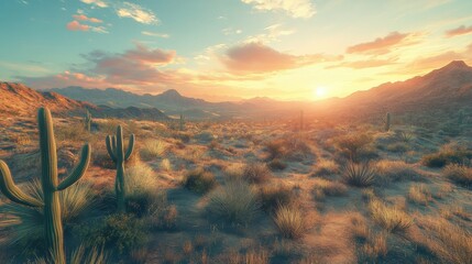 A stunning sunset over a vast desert landscape showcasing cacti and mountains in warm, golden hues