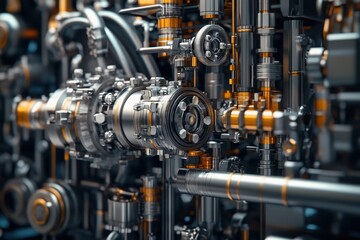 A detailed 3D industrial machinery model featuring an intricate network of hydraulic piping systems, showcasing its role in advanced 3D CAD for streamlined manufacturing process design 