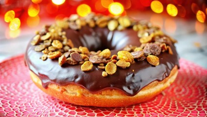A chocolate glazed donut topped with cereal bits, sitting on a red patterned plate with a bokeh background.