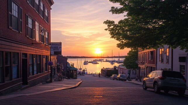 A stunning sunset over the historic waterfront of Salem showcasing boats and charming streets in golden evening light