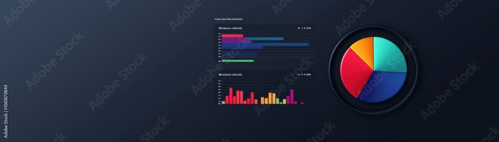 Poster a sleek, modern graphic displaying data visualization in the form of bar charts and a colorful pie c