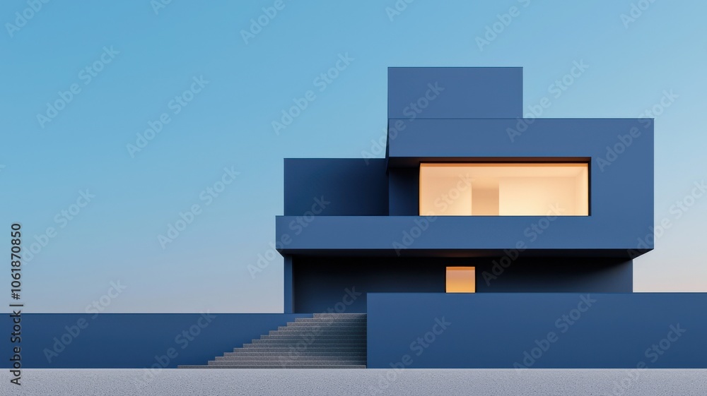 Poster a modern blue geometric house with a minimalist design, featuring large windows and an angular struc