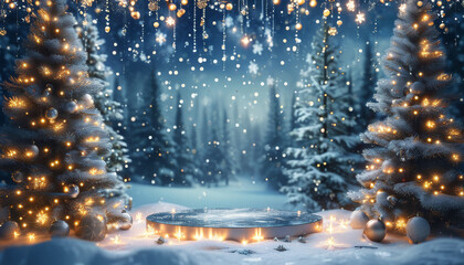 Naklejka premium Christmas product display podium frosted silver, snowy forest, twinkling fairy lights and glowing Xmas ornaments, Snow falls, starry night sky, winter wonderland, ad, podium platform