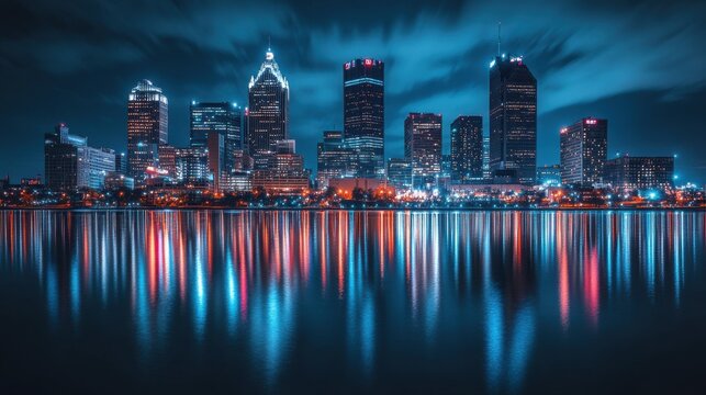 Fototapeta The stunning Detroit skyline illuminated at night with reflections on the river