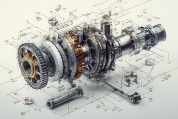 A detailed exploded diagram of a machine's differential gear assembly, emphasizing the interconnected components and the sophisticated design of gear systems, illustrating their functionality 