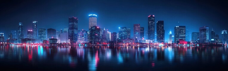 Fototapeta premium A stunning view of the Detroit skyline illuminated at night with vibrant lights reflecting on the water