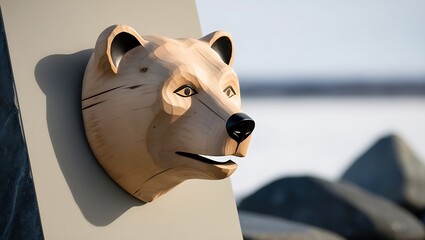 A wooden carving of a bear's head mounted on a wall, with a blurry background of a snowy landscape.