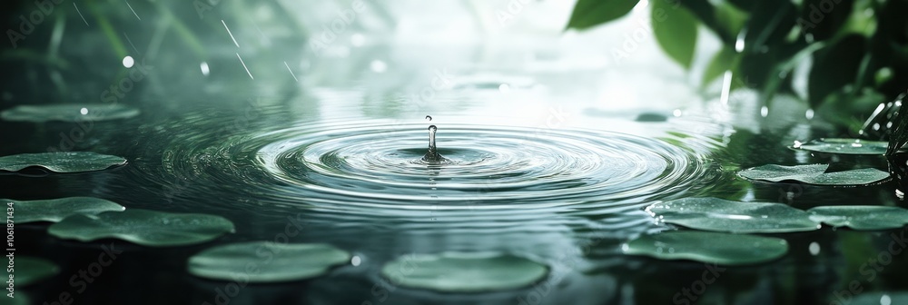 Aufkleber a single raindrop falls into a still pond, creating a ripple effect with green leaves floating on th
