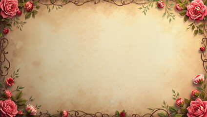Vintage Floral Border Frame Victorian Paper Style with Pink Roses on Beige Background
