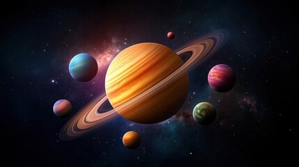 Saturn and its Rings in Space with Other Planets and Stars