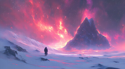 Lone Figure in a Fiery Sky, mountain, clouds, night, stars, silhouette