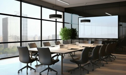 Boardroom Interior with Elegant Glass Walls, Large Meeting Table, and High-End Setup Isolated on Transparent Background 