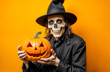 Creative Halloween celebration with a person wearing a skeleton mask and holding a carved pumpkin against a bright background