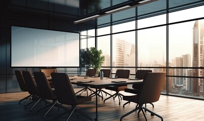 Fototapeta premium Corporate Office Meeting Room with Projector Screen and Contemporary Table and Chairs Isolated on Transparent Background 