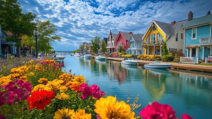 A scenic afternoon by the waterfront in a charming town with colorful houses and vibrant flowers lining the canal