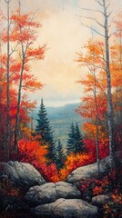 A breathtaking view of colorful fall foliage illuminating the landscape in a serene mountain valley at dusk