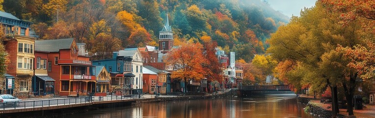Fototapeta premium Charming autumn view of Jim with colorful trees lining the canal and historic buildings reflecting on the water