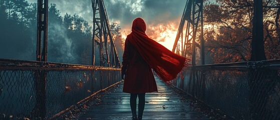 A young woman wearing a dark scarf stands alone on a bridge surrounded by autumn foliage during twilight hour