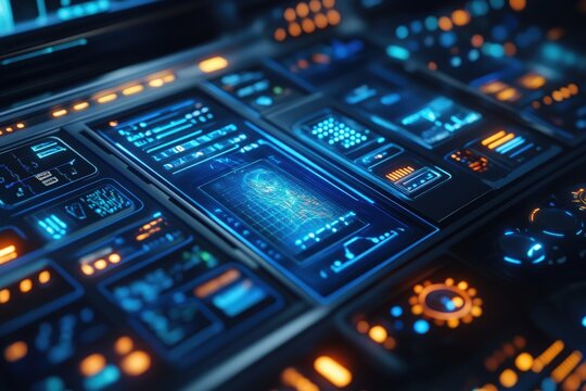 A sleek futuristic spaceship control panel featuring illuminated blue interfaces, complete with holographic displays and intuitive controls for advanced navigation and spacecraft management