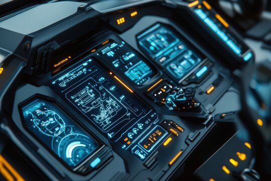 A sleek futuristic spaceship control panel featuring illuminated blue interfaces, complete with holographic displays and intuitive controls for advanced navigation and spacecraft management