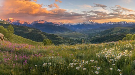Serene sunset view of Vail Valley with blooming wildflowers and majestic mountains in the background © vadosloginov