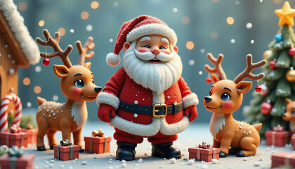 A cartoonish depiction of Santa Claus standing in front of two deer