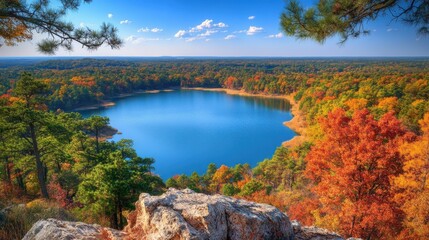 Stunning autumn view from Oak Mountain State Park overlooking a serene lake and vibrant forest landscape