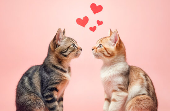 Two cats and red hearts on a pink background