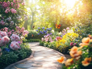 A serene garden pathway lined with blooming flowers and fluttering butterflies in soft sunlight during springtime