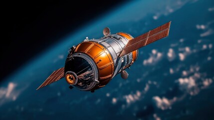 Fototapeta premium Spacecraft Orbiting Earth with Solar Panels