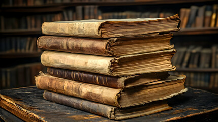 Stack of Old Books in a Library, antique books, leather bound books, vintage books, bookshelf, bookshelves